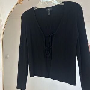 Aqua Black Ribbed Cardigan with Tie-Front